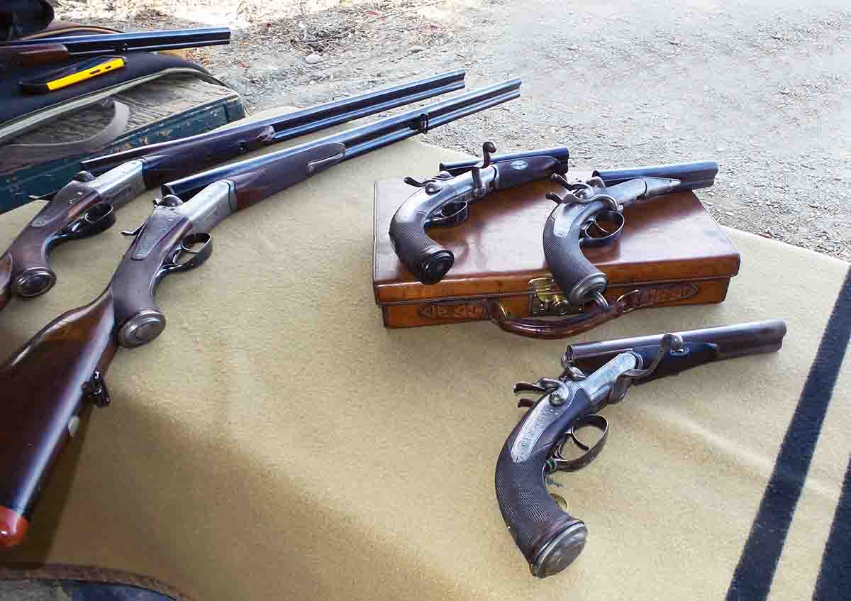 Three fine howdah pistols at the 2018 Double Rifle Shoot.